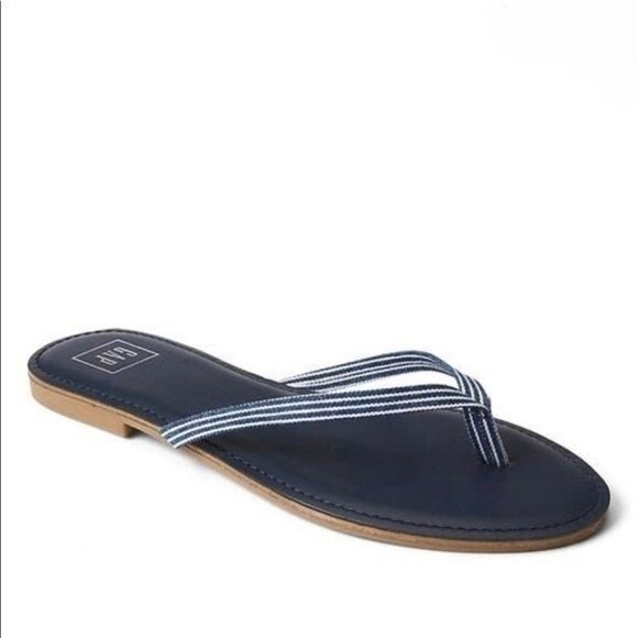 GAP Flip Flops Navy Leather Railroad Stripe Fabric Strap Thong Sandals - Picture 1 of 9